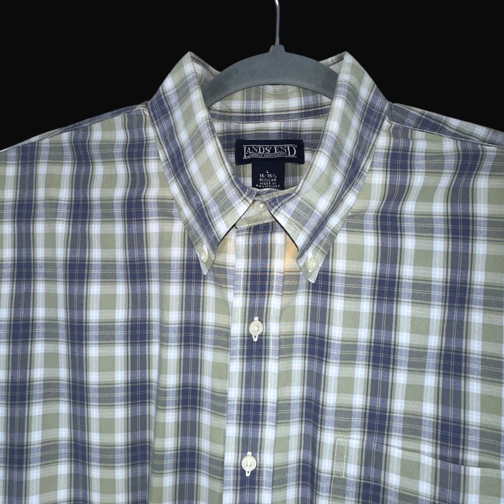 Lands End Mens Large Plaid Short Sleeve Button Down Shirt Green Blue Regular Fit